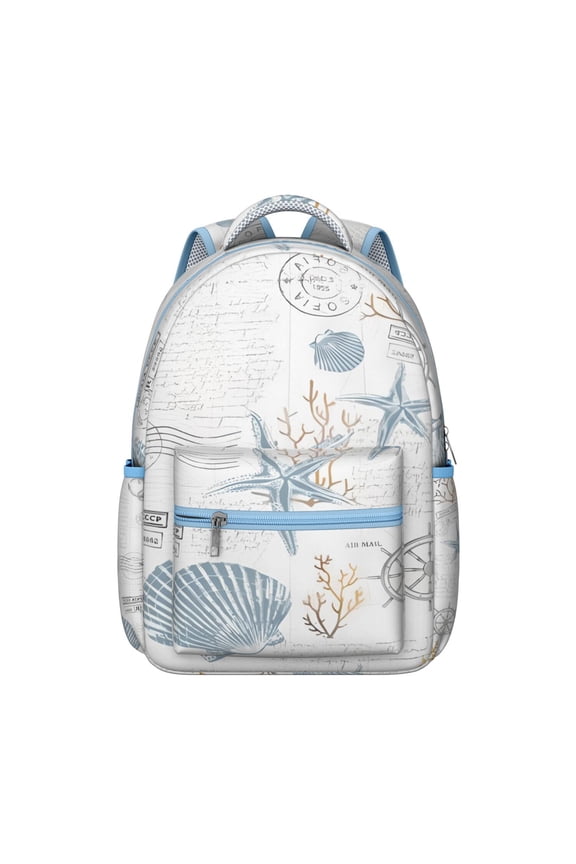 Starfish Student Backpack Waterproof Durable School Bag with Vintage Beach Seashells and Seahorse Print, Adjustable Straps, Breathable Padding, Large Capacity for School and Travel