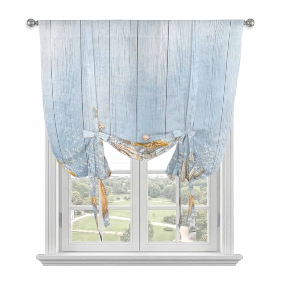 Starfish Summer Beach Balloon Curtains for Living Room/French Door, Coastal Ocean Wooden Sea Shell Tie Up Curtains 63 Inch Length Energy Saving Kitchen Curtains Shades for Windows 42"x63"