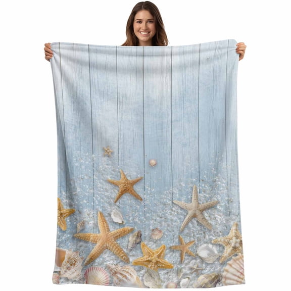 Starfish Summer Beach Blanket Soft Cozy Warm Throw Blanket for Couch, Plush Fuzzy Flannel Fleece Blankets for Sofa, Coastal Ocean Wooden Sea Shell Bed Blankets Lightweight Gifts for Women, 40"x50"