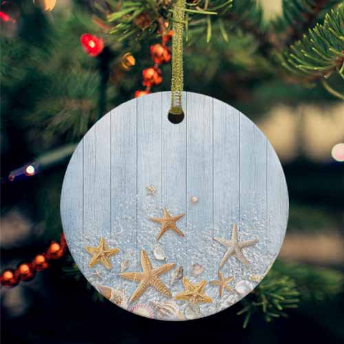Starfish Summer Beach Ceramic Ornaments, Coastal Ocean Wooden Sea Shell Round Porcelain Hanging Ornaments with Gold String, Xmas Decorations Keepsake Gifts for Holiday Home Party 3''