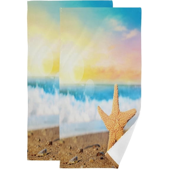 Starfish Summer Beach Kitchen Hand Towels 2 PCS, Ocean Wave Sunset Fingertip Bath Towels Ultra Soft and Highly Absorbent, Decorative Face Towels Dish Washcloths, 28.3"x14.4"