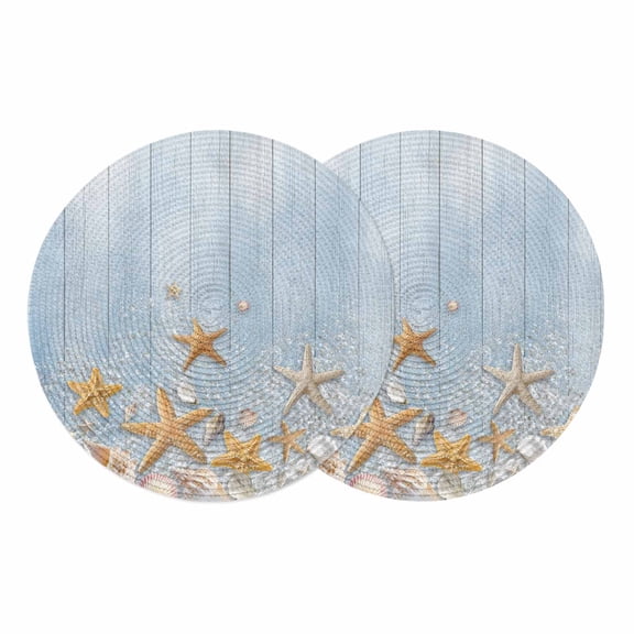 Starfish Summer Beach Round 13 Inch Placemats Set of 2, Coastal Ocean Wooden Sea Shell HeatResistant Non Slip Place Mats for Dining Table, Wipeable Braided Kitchen Table Mats for Housewarming