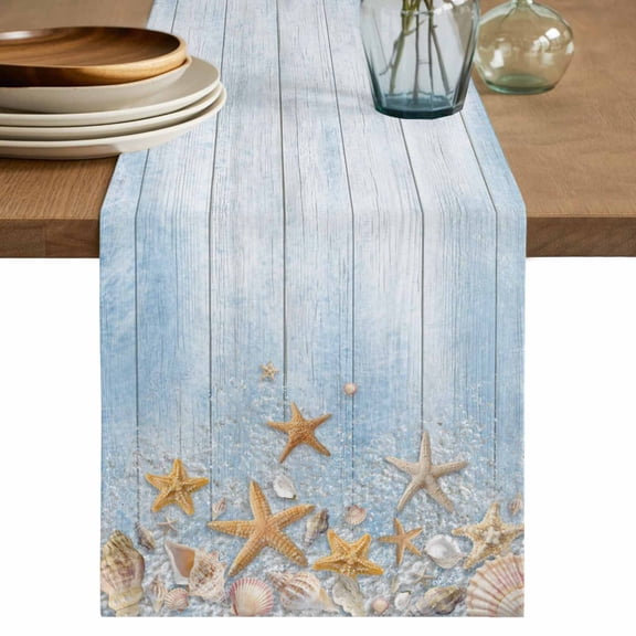 Starfish Summer Beach Table Runner, Coastal Ocean Wooden Sea Shell Washable Cotton Linen Table Runners 36 Inches Long, Dresser Scarf Runner for Nightstand/End Tables/Round Tables 13''x36''