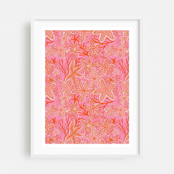 Starfish Symphony - Mixed Media Pattern Marine Life Aquatic Nautical Beach House Tropical White Framed Wall Art Print 5 x 7 inches