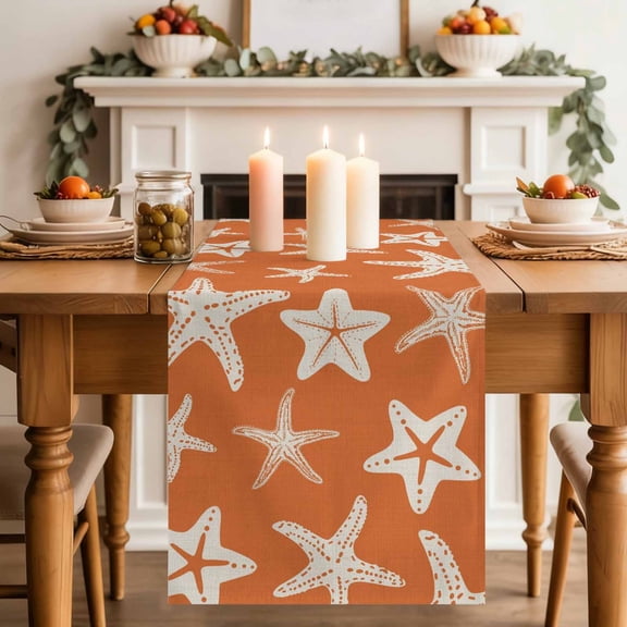 Starfish Table Runner, Summer Beach Nautical Ocean Sea Star Marine Life Orange Cotton Linen Kitchen Table Decoration Washable Dining Tabletop Runners for Home Party Decor 13x48 Inches