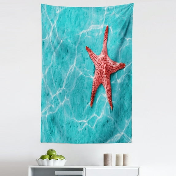 Starfish Tapestry, Red Starfish in the Vibrant Blue Water Sun Rays Reflection Aquatic Tropical Life, Fabric Wall Hanging Decor for Bedroom Living Room Dorm, 5 Sizes, Aqua Red, by Ambesonne