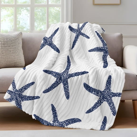Starfish Throw Blanket for Couch Ocean Coastal Blue Soft and Warm Flannel 3D Striped Fluffy Fuzzy Fleece Blanket Lightweight Throw for Bed, Sofa 32 x 48 Inches