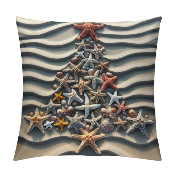 Starfish Throw Pillow Cushion Cover, Christmas Tree from Shells on The Sand Maritime Summer Coast Holiday Vacation, Decorative Square Accent Pillow Case,