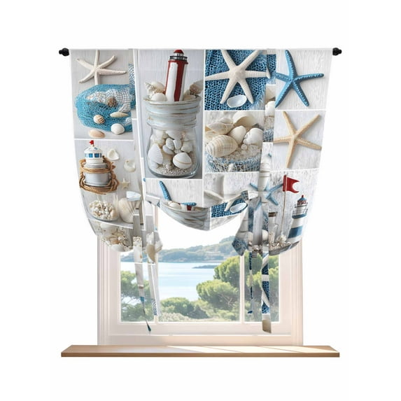 Starfish Tie Up Curtains for Windows 45 Inch Length Balloon Curtains Kitchen Adjustable Balloon Window Shade Ocean Shell Coastal Nautical Flag Light-house Tie Up Bathroom Curtain Window 34"x45"