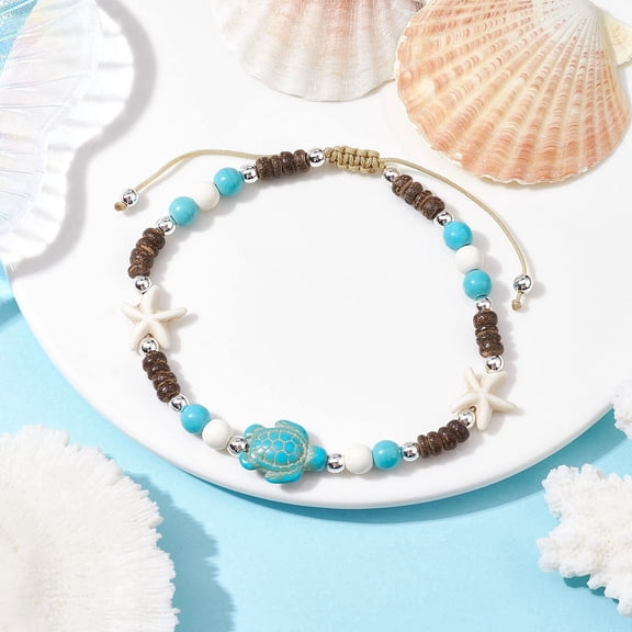 Starfish Tortoise Turquoise Bead Anklets Nylon Cord Adjustable Bracelets Turquoise Inner Diameter: 2-7/8~3-7/8 inch(7.3~9.7cm)