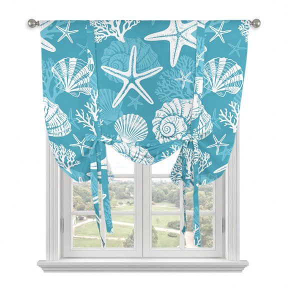 Starfish Turquoise Coastal Tie Up Curtains for Small Windows,Adjustable Rod Pocket Valance 45 Inch Short, Summer Nautical Shell Beach Window Treatment Balloon Roman Blind Shade, 34" x 45"