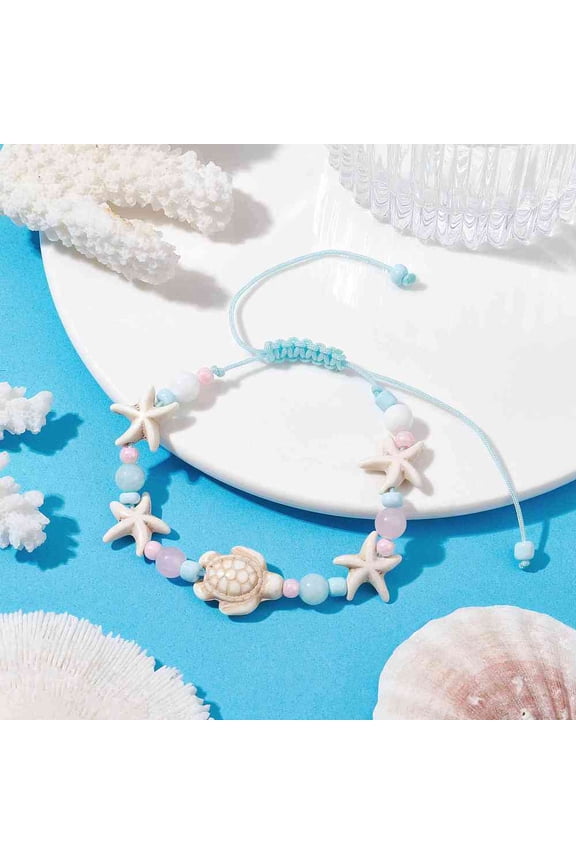 Starfish & Turtle Dyed Natural Malaysia Jade & Synthetic Turquoise Bead Bracelet Ocean Theme Nylon Cord Adjustable Bracelet Inner Diameter: 1-5/8~3 inch(4~7.5cm)