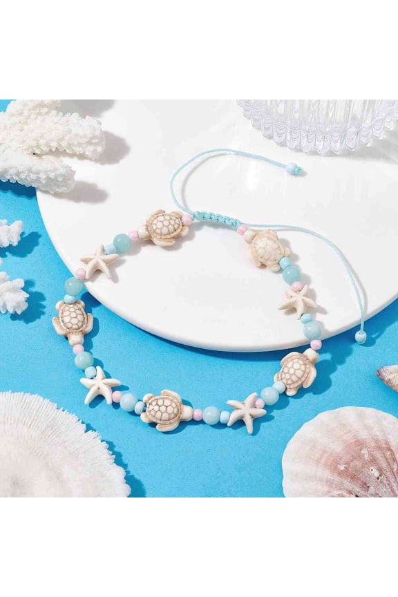 Starfish & Turtle Natural Malaysia Jade & Synthetic Turquoise Beaded Anklet Ocean Theme Nylon Cords Adjustable Anklets Inner Diameter: 2-3/4~4-3/8 inch(7~11cm)