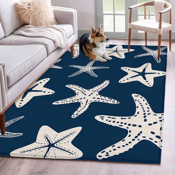 Starfish Washable Area Rug 4 x 6 ft Summer Beach Nautical Ocean Sea Star Marine Life Navy Blue, Soft Non Slip Rugs Stain Repellent Indoor Felt Carpet for Living Dining Room Bedroom Home Office
