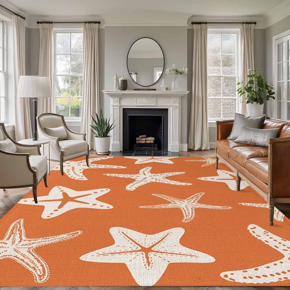 Starfish Washable Area Rug 5 x 8 ft Summer Beach Nautical Ocean Sea Star Marine Life Orange, Soft Non Slip Rugs Stain Repellent Indoor Felt Carpet for Living Dining Room Bedroom Home Office
