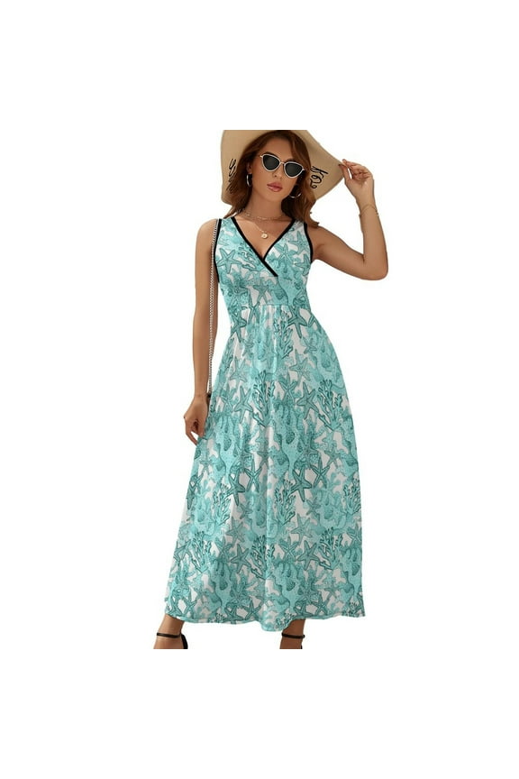 Starfish Watercolor Aqua Coral Reef ,ocean Home Decor Dress Summer Street Style Bohemia Long Dresses Female Sleeveless Printed Maxi Dress