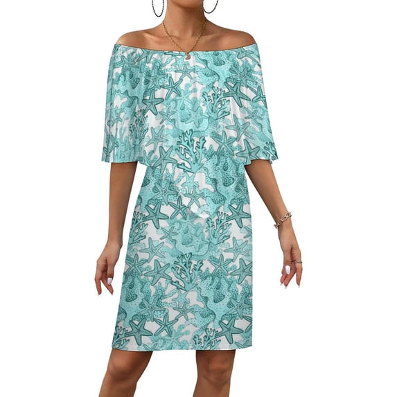 Starfish Watercolor Aqua Coral Reef ,ocean Home Decor Women's Off The Shoulder Ruffles Summer Wedding Guest Loose Casual Party Beach Dress