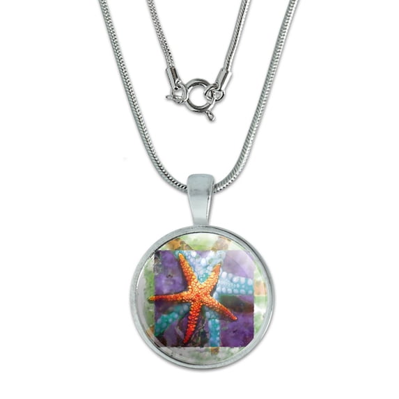 Starfish Watercolor Tropical Ocean Beach 0.75" Pendant with Sterling Silver Plated Chain