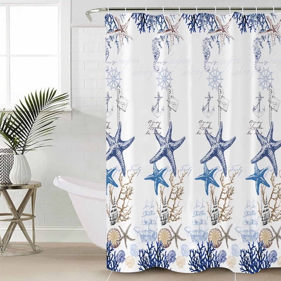 Starfish Waterproof Fabric Shower Curtain, Blue Ocean Coastal Coral Shell Nautical Boat Shower Curtain for Bathroom Curtains Bathtubs Hotel Washable Shower Curtains with 12 Hooks Standard 66x72