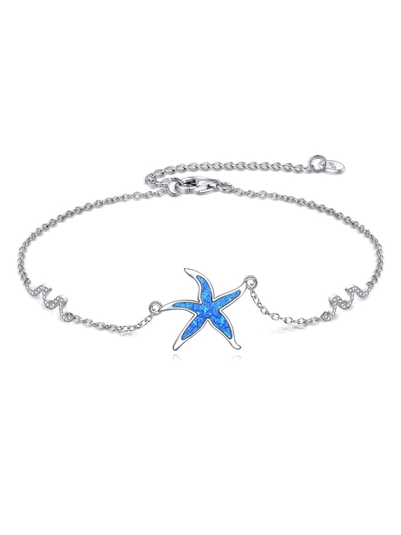 Starfish Wave Anklet for Women 925 Sterling Silver Blue Opal Adjustable Ankle Bracelets Ocean Beach Jewelry