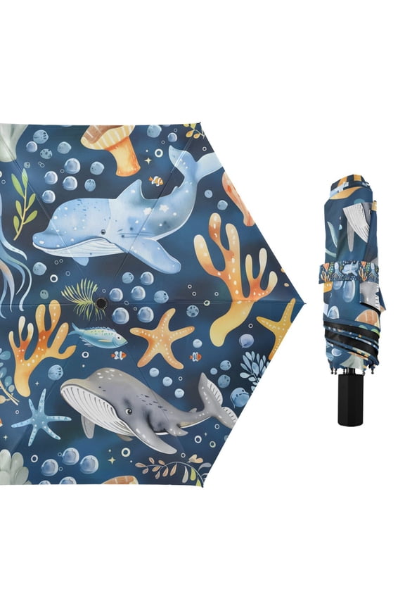Starfish Whale Coral Octopus Compact Sun Umbrella Windproof Travel Umbrellas for Rain Strong Portable UV Protection