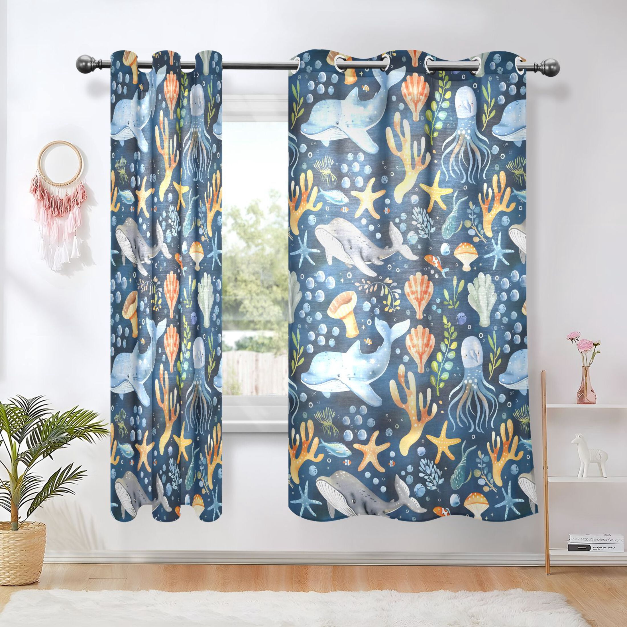 Kids Ocean Animal Blackout Curtains - Whale, Coral, Starfish Design, Rod Pocket Window Treatment 42x45 Inch