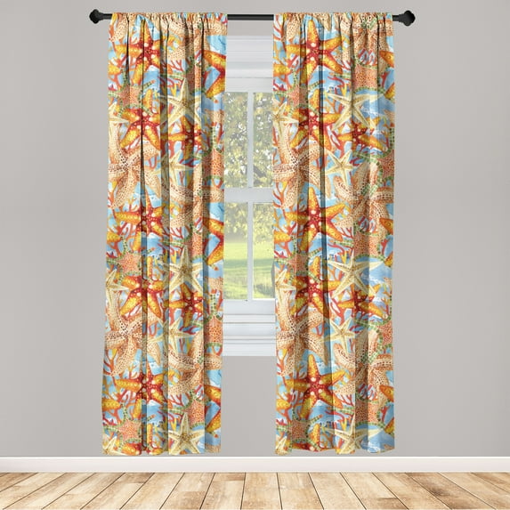 Starfish Window Curtains, Nautical Sea Animals with Watercolor Style on Ocean Waves Back Art, Lightweight Decor 2-Panel Set with Rod Pocket, Pair of - 28"x84", Marigold Pale Peach Coral, by Ambesonne