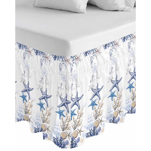 Starfish Wrap Around Bed Skirts for California King Bed 16" Drop,Bed Skirt with Adjustable Elastic Belt Dust Ruffle Bed Valance Blue Ocean Coastal Coral Shell Nautical Boat Bed Frame Cover