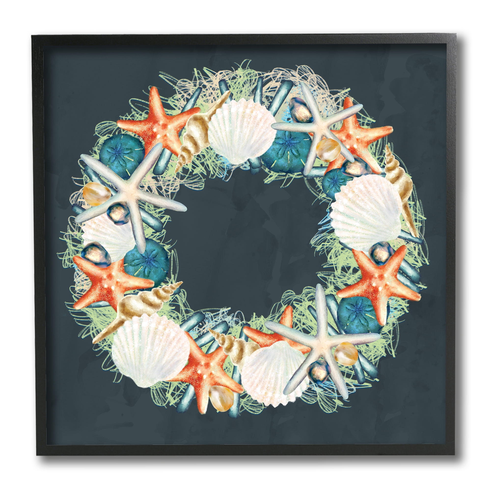 Starfish and Nautical Sea Shell Wreath 12 in x 12 in Framed Painting Art Print, by Stupell Home Décor