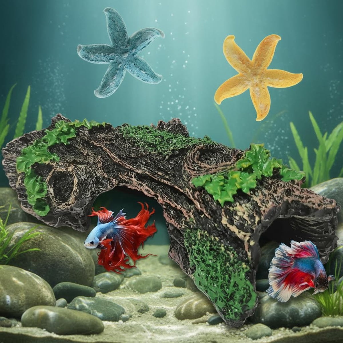 Starfish and Resin Hollow Tree Trunk Fish Tank Decorations, Betta Fish Tank Accessories, Aquarium Ornaments
