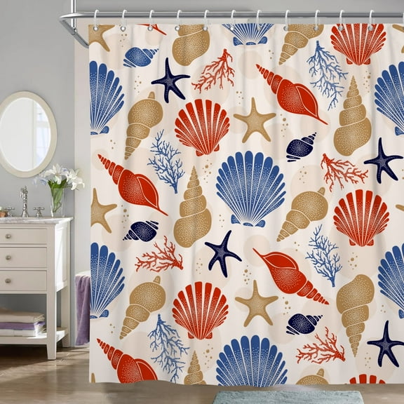Starfish and Seashells Shower Curtain , Beach Coastal Nautical Coral Bathroom Fabric Waterproof Curtain ,60x72in
