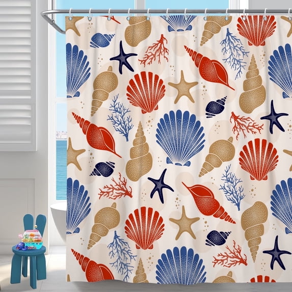 Starfish and Seashells Shower Curtain , Beach Coastal Nautical Coral Bathroom Fabric Waterproof Curtain ,72x72in