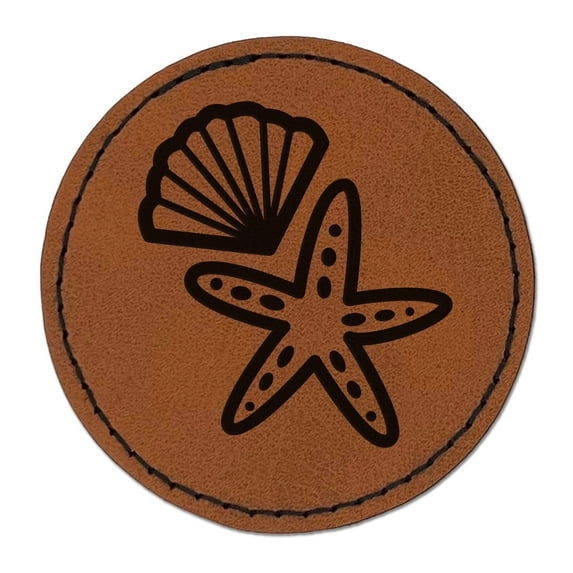 Starfish and Shell Beach Tropical Doodle 2.5" Faux Leather Round Engraved Iron-On Patch - Brown