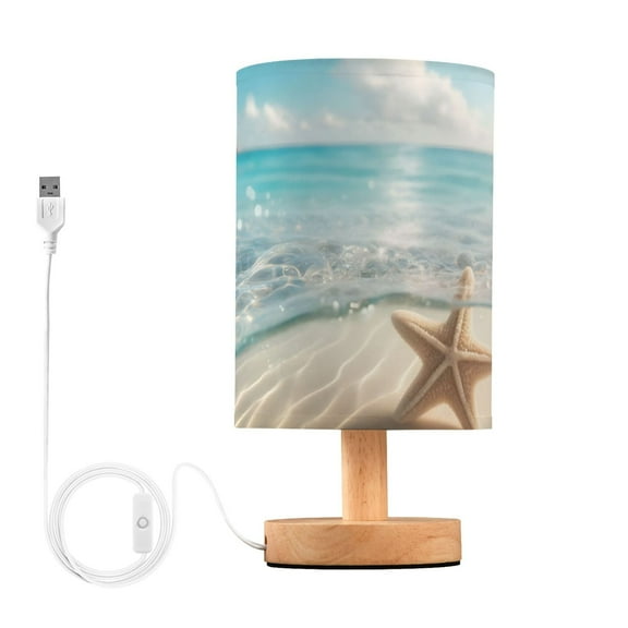 Starfish on Sand Beach Bedside Desk Lamp LED Table Nightstand Lamps Warm Light Fabric Lampshade for Home Bedroom Office Living Room Decor