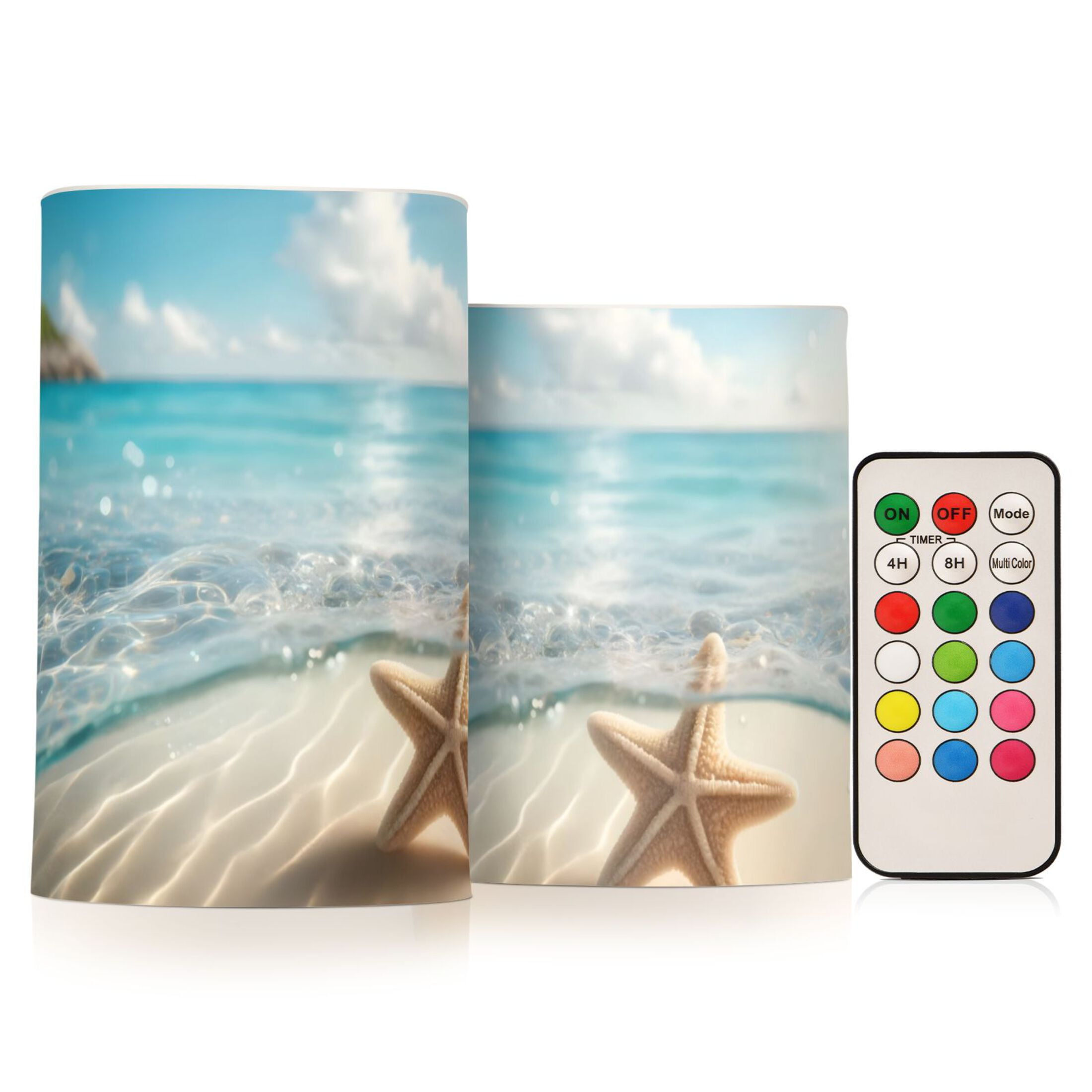 Starfish on Sand Beach Flickering Flameless LED Candles set of 2 Battery Operated 18-Key Remotes Timer Halloween Fall Decor D3''xH4''5''