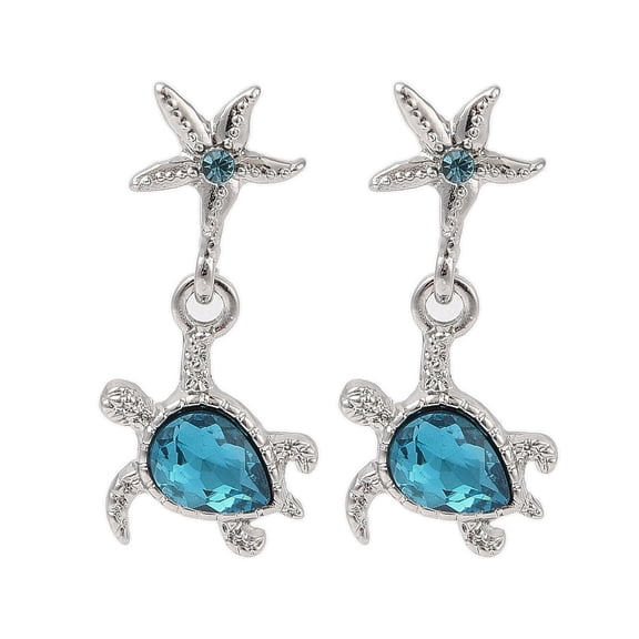 Starfish with Turtle Alloy Rhinestone Dangle Stud Earrings with 304 Stainless Steel Pins for Women Platinum 29.6x13.8mm