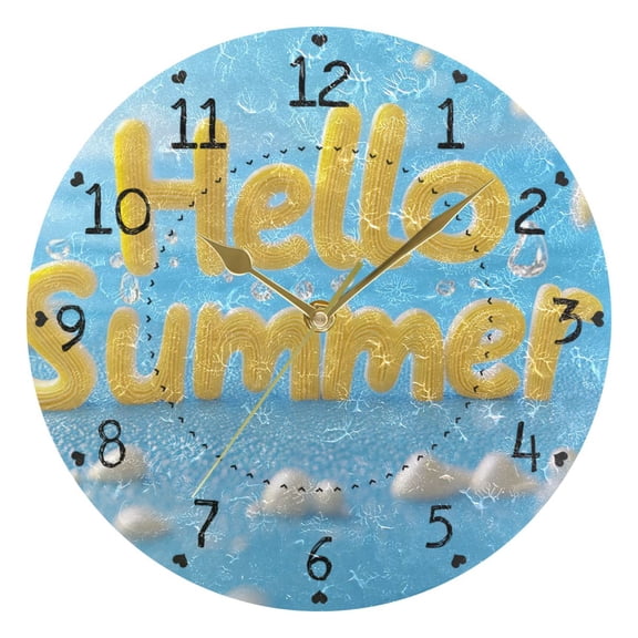 Starfishes Shells Hello Summer Round Wall Clock Silent Analog Battery Operated Gold Pointer Home Decor 9.84" Diameter