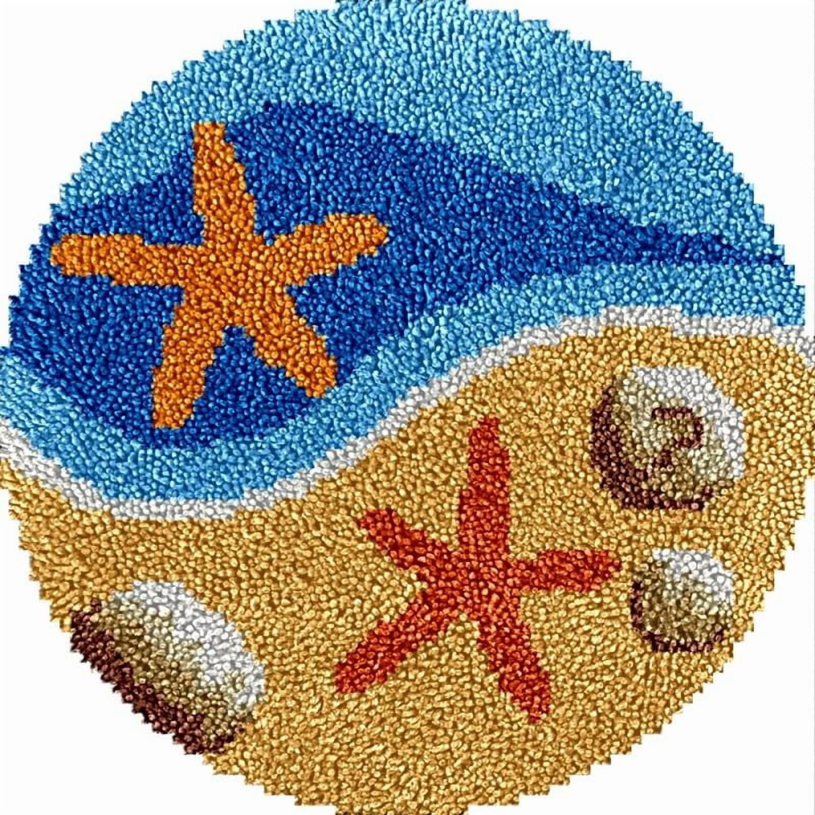Starfishes and Shells Round Shape Latch Hook Rug Kits Set for Starter Crochet Hook Cushion Mat Sofa Seat Cushion Crocheting Kits with Preprinted Canvas Crochet Yarn Kits 50X50cm (ui124)