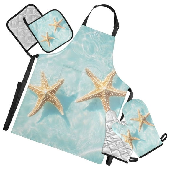 Starfishes in Water Apron Set with Oven Mitts Pot Holders Set of 5 Kitchen Stuff Accessories