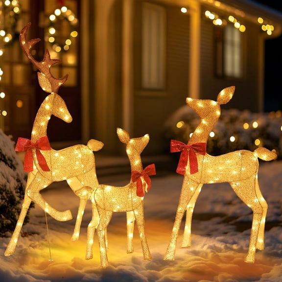 Starfree 2D Christmas Deer Set 4.5ft Gold Reindeer Family 3-Piece with LED Lights