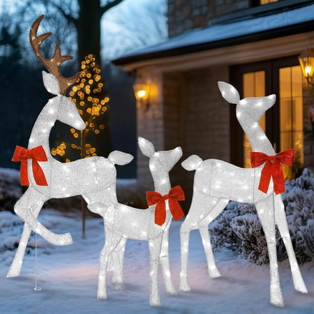 Starfree 4.5ft 3-Piece Lighted 2D Christmas Deer Set Outdoor Yard Decorations Large White Reindeer Family Christmas Lawn Decorations with LED Lights price history and forecast - Starfree