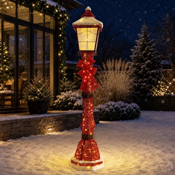 Starfree 60 Inch Lamp Post 3D Lighted Outdoor Christmas Decorations Lamppost, Vintage Holiday Yard Decor for Porch Patio Lawn, Red