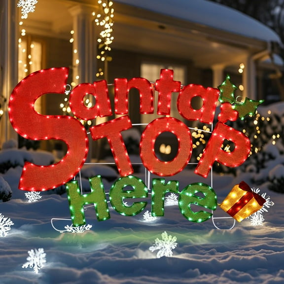 Starfree 47"L Outdoor Christmas Yard Decoration Light Outdoor Santa Stop Here Christmas Lawn Ornaments Yard Sign Decor with LEDs for Porch & Garden