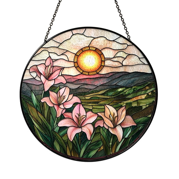 Stargazer Lily Field Glass Suncatcher Window Hanging Pink Floral Garden Decor Gift for Home