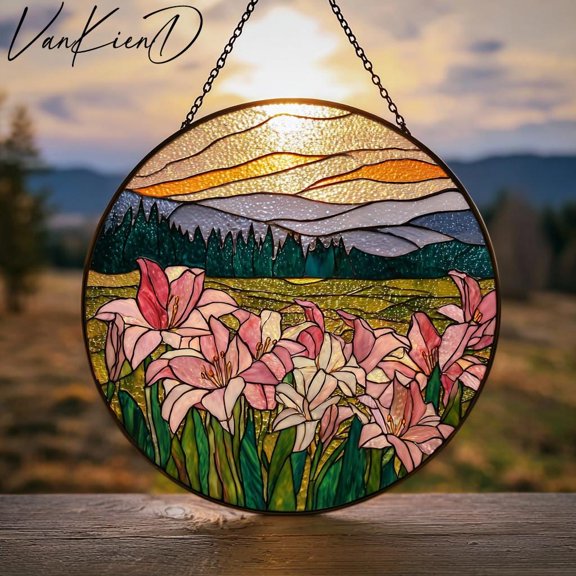 Stargazer Lily Floral Art Panel - Stained Glass | Vibrant Field Design | Botanical Flower Garden Theme | Mom Nana Grandma Mother's Day Gift | Window Wall Hanging Home Decor