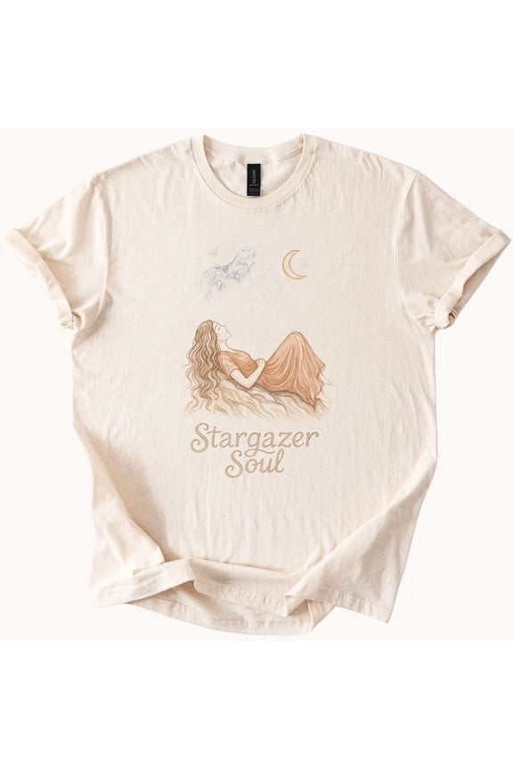 Stargazer Soul Tee Celestial Woman Moon Wolf Graphic Shirt, Vintage Birthday Gift
