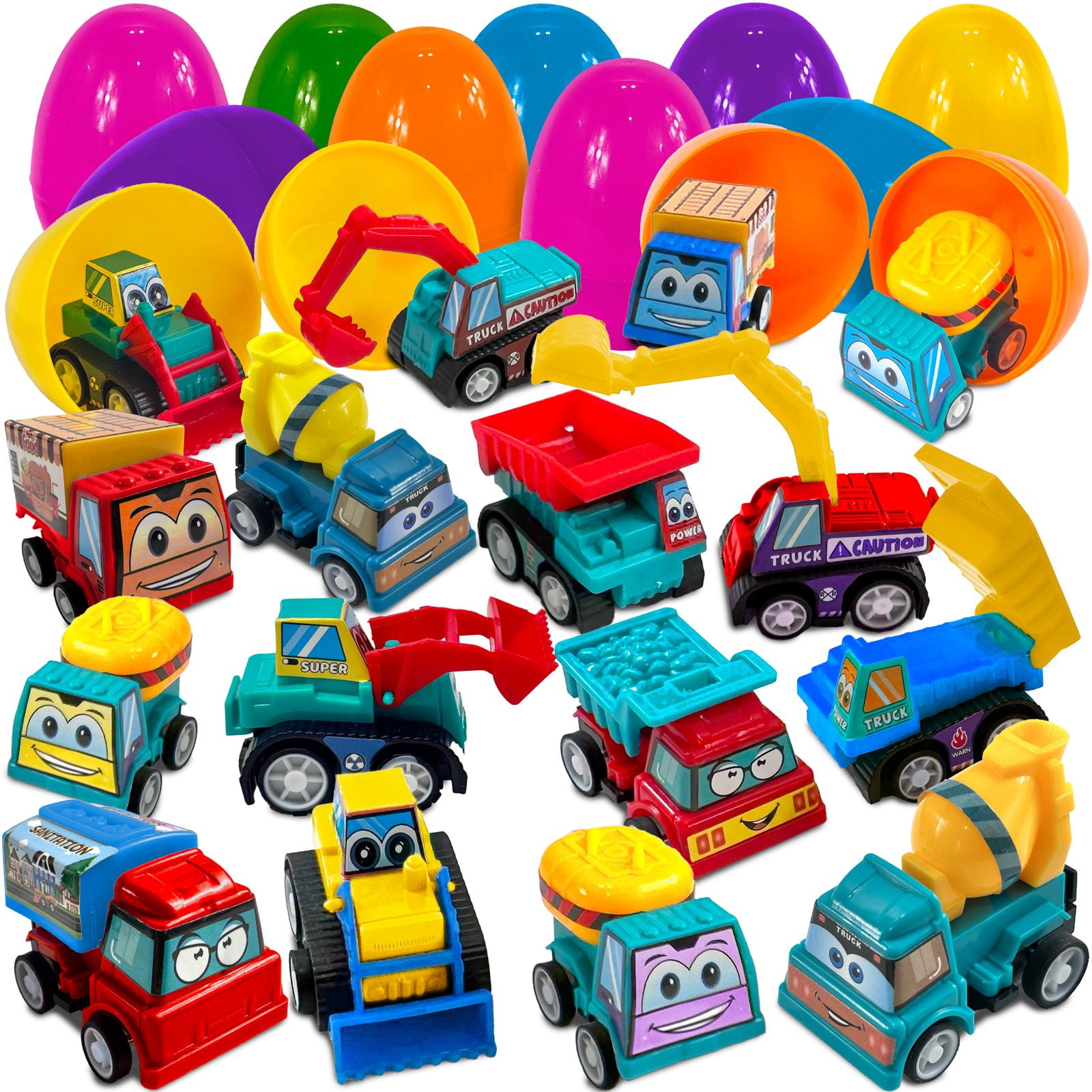 Stargo 24 Pk Colorful Prefilled Easter Eggs with toys - Construction Engineering Vehicles, pull-back cars, Bright Plastic Easter Eggs Filled, Basket Fillers Egg Hunts, Party Favors, Boys Goodie Bags