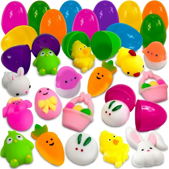 Stargo 36 Pack Colorful Prefilled Easter Eggs with Squishy Toys, Bright Plastic Easter Eggs Filled, Basket Fillers for Kids, Toddlers, Stress-Relief Squishies for Egg Hunts, Party Favors, Goodie Bags
