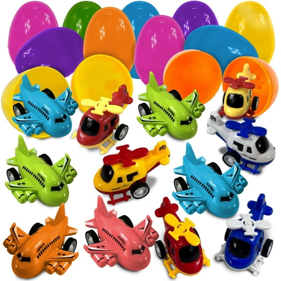 Stargo Prefilled Colored Easter Eggs with toys - mini Aircraft, pull-back Helicopters & Airplanes, 8 pk Bright Plastic Easter Eggs Filled, Basket Fillers Egg Hunts, Party Favors, Boys Goodie Bags