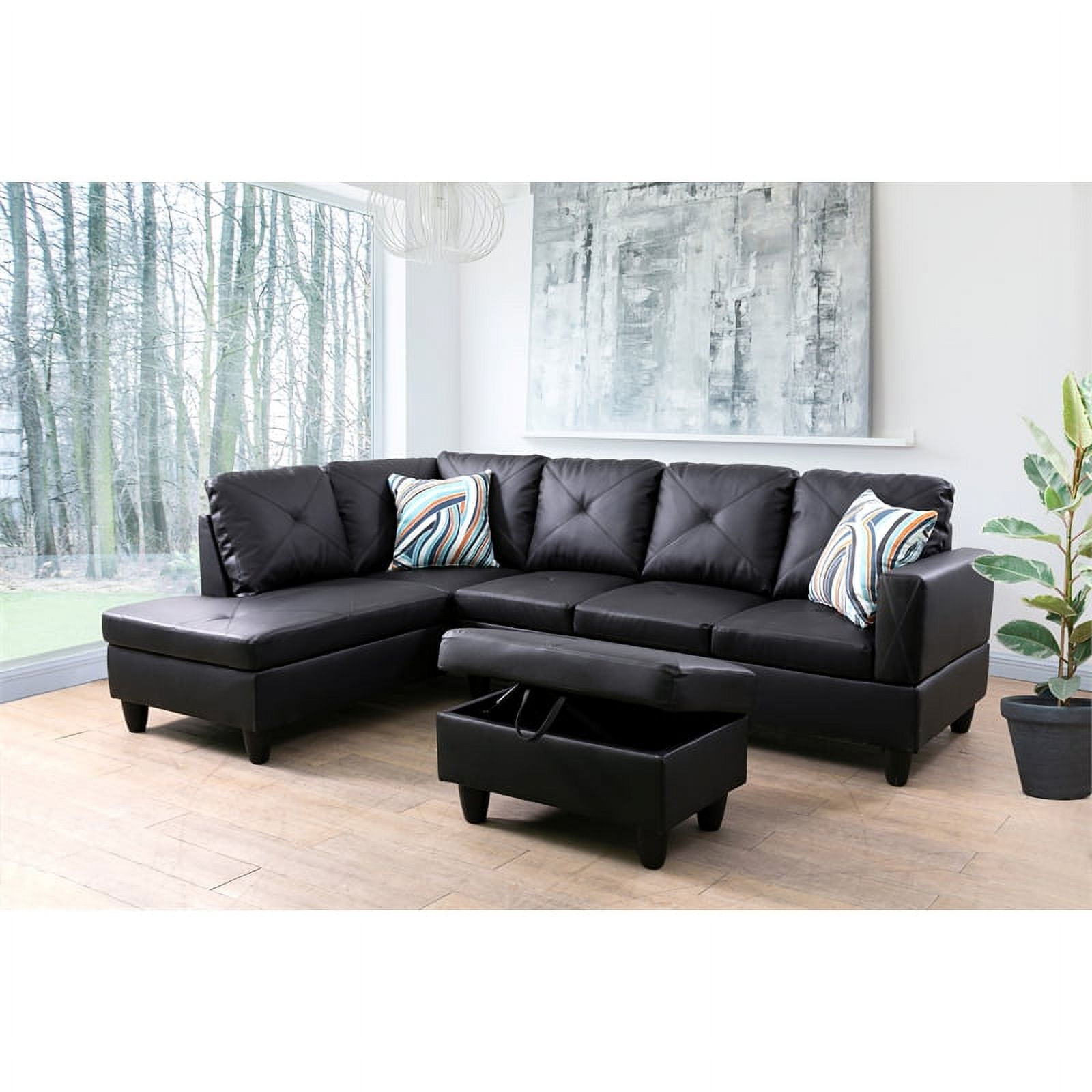 Starhome L Shaped Black Couch with Ottoman Pillows Included